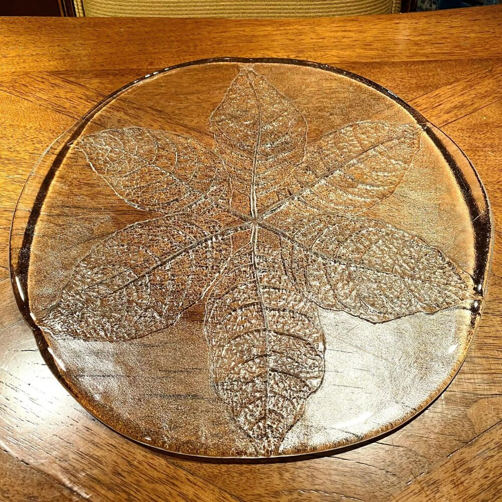 Vtg Kosta Boda Frosted Glass Sweden Party Leaf Design Platter 13-1/2” Dia.